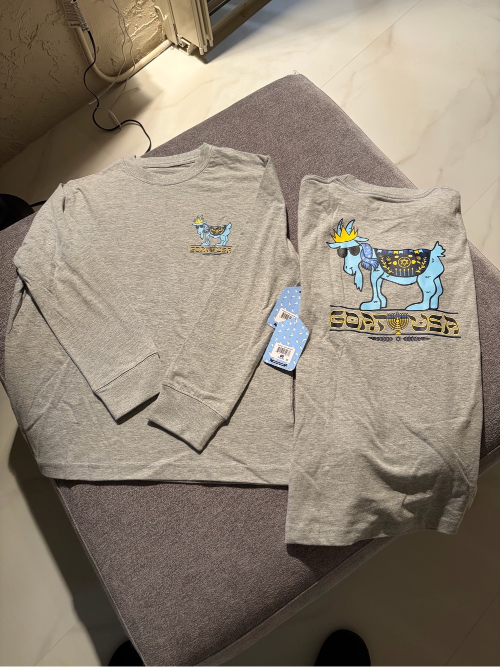 Goat USA Chanukah Long-Sleeve Kids Tee with Blue Goat Graphic